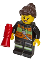 Female firefighter with dark brown ponytail and swept sideways fringe, wearing a reflective stripe vest with pockets and shoulder strap - cty0379