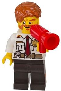 Fire Chief Minifigure - Fire Chief - White Shirt with Tie and Belt, Black Legs, Dark Orange Short Tousled Hair - cty0380