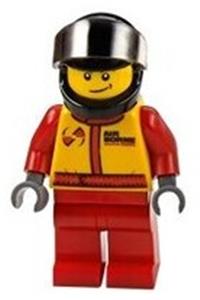 Monster Truck Driver Minifigure - Driver of a monster truck in a race suit featuring an Airborne Spoilers logo, with a black helmet and a crooked smile - cty0385