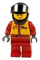 Driver of a monster truck in a race suit featuring an Airborne Spoilers logo, with a black helmet and a crooked smile - cty0385
