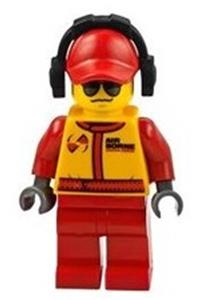 Monster Truck Mechanic, Race Suit with Airborne Spoilers Logo, Red Cap with Hole, Headphones, Black and Silver Sunglasses cty0386