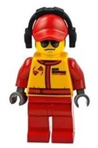 Monster Truck Mechanic Minifigure - Mechanic minifigure with a race suit featuring Airborne Spoilers logo, red cap, headphones, and sunglasses - cty0386