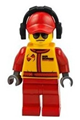 Mechanic minifigure with a race suit featuring Airborne Spoilers logo, red cap, headphones, and sunglasses - cty0386