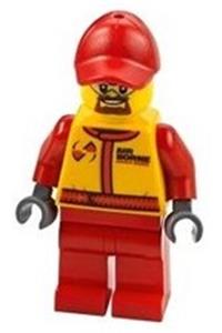 Monster Truck Mechanic Minifigure - Monster truck mechanic in a race suit with Airborne Spoilers logo, wearing a red cap with hole and safety goggles - cty0387