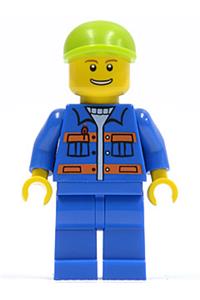 Male in Blue Jacket with Orange Stripes - Minifigure wears a blue jacket with pockets and orange stripes, blue legs, lime short bill cap, and has a thin grin with teeth - cty0388