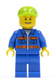 Minifigure wears a blue jacket with pockets and orange stripes, blue legs, lime short bill cap, and has a thin grin with teeth - cty0388