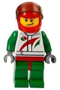 Race Car Driver, White Race Suit with Octan Logo, Red Helmet with Trans-Black Visor, Crooked Smile with Black Dimple cty0389