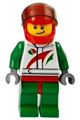 Race car driver in a white race suit with Octan logo, red helmet with trans-black visor, and a crooked smile - cty0389
