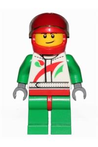 Race Car Driver Minifigure - Race car driver wearing a white race suit with Octan logo, a red helmet with trans-black visor, and a crooked smile with brown dimple - cty0389a