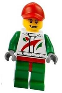 Race Car Mechanic Minifigure - Race car mechanic wearing a white race suit with Octan logo, a red cap with a hole, brown eyebrows, and a thin grin with teeth - cty0390