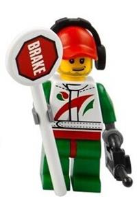 Race Car Mechanic, White Race Suit with Octan Logo, Red Cap with Hole, Headphones, Smirk and Stubble Beard cty0391