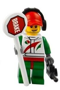 Race Car Mechanic Minifigure - Race car mechanic in a white race suit with Octan logo, wearing a red cap with hole, headphones, smirk, and stubble beard - cty0391