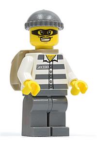 Police - Jail Prisoner 50380 Prison Stripes, Dark Bluish Gray Legs, Dark Bluish Gray Knit Cap, Backpack, Mask cty0392