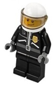 City police officer wearing a leather jacket with gold badge, 'POLICE' on back, white helmet, trans-black visor, and a crooked smile - cty0393