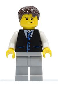 Male in Black Vest Minifigure - Minifigure wearing black vest with blue striped tie, light bluish gray legs, white arms, dark brown tousled hair and a crooked smile - cty0395