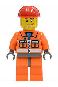 Construction Worker - Orange Zipper, Safety Stripes, Orange Arms, Orange Legs, Dark Bluish Gray Hips, Red Construction Helmet, Smirk and Stubble Beard cty0397