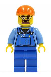Worker in Blue Overalls Minifigure - Minifigure wearing blue overalls with tools, an orange short bill cap, and safety goggles - cty0398