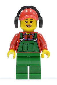 Farmer Minifigure - Farmer wearing green overalls with a red cap with a hole, and headphones - cty0399