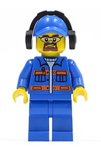 Male in Blue Jacket with Orange Stripes - Minifigure wearing blue jacket with pockets and orange stripes, blue legs, blue cap with hole, headphones, and safety goggles - cty0401