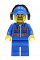Minifigure wearing blue jacket with pockets and orange stripes, blue legs, blue cap with hole, headphones, and safety goggles - cty0401