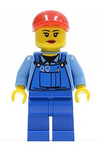 Worker in Blue Overalls Minifigure - Minifigure wearing blue overalls with tools, a red short bill cap, eyelashes, and red lips - cty0402