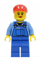 Minifigure wearing blue overalls with tools, a red short bill cap, eyelashes, and red lips - cty0402