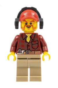 Flannel Shirt Male Minifigure - Minifigure wearing a flannel shirt with a pocket and belt, dark tan legs, a red cap with a hole, and headphones, with a beard - cty0404
