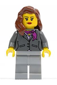 Female in Gray Jacket with Magenta Scarf - Female minifigure with reddish brown hair over shoulder, wearing a dark bluish gray jacket with magenta scarf, and light bluish gray legs, showing red lips - cty0419