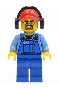 Cargo Worker Minifigure - Cargo worker in blue overalls with tools in pocket, red cap with hole, wearing headphones and safety goggles - cty0422