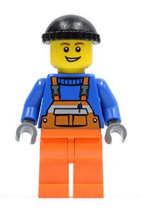 Worker in Orange Overalls - Minifigure wearing safety stripe orange overalls with orange legs and a black knit cap - cty0427