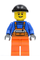 Minifigure wearing safety stripe orange overalls with orange legs and a black knit cap - cty0427
