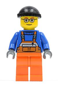 Worker in Orange Overalls - Minifigure wearing safety stripe orange overalls, black knit cap, glasses, and orange legs - cty0428