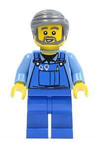 Worker in Blue Overalls Minifigure - Minifigure with overalls featuring tools, paired with dark bluish gray smooth hair - cty0430