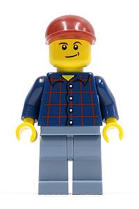 Male in Plaid Button Shirt - Minifigure with a crooked smile wearing a dark red short bill cap, a plaid button shirt, and sand blue legs - cty0431