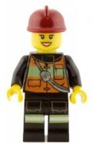 Firefighter Minifigure - Minifigure with black eyebrows wearing a dark red fire helmet and a reflective stripe vest with pockets and shoulder strap - cty0434