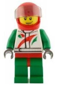 Race Car Driver Minifigure - Race car driver in white suit with Octan logo, wearing a red helmet with trans-black visor, and sporting a smirk and stubble beard - cty0435