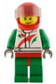 Race car driver in white suit with Octan logo, wearing a red helmet with trans-black visor, and sporting a smirk and stubble beard - cty0435