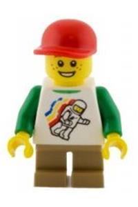 Classic Space Minifigure - Classic Space minifigure with floating pattern, wearing a red short bill cap and dark tan short legs - cty0436