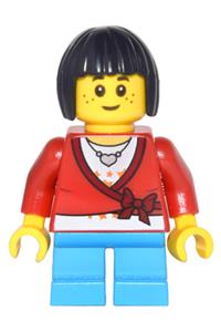 Girl Minifigure - Minifigure with a black bob cut hair wearing a sweater cropped with bow, heart necklace, and dark azure short legs - cty0437