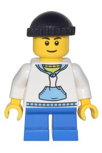 Boy  with White Hoodie Minifigure - Minifigure wearing a white hoodie with blue pockets, black knit cap, and blue short legs - cty0438