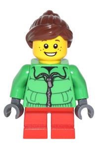 Girl Minifigure - Minifigure with a red short legs, red ponytail with swept sideways fringe, and a winter jacket zipper - cty0439