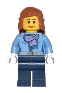 Male Minifigure - Minifigure with a medium blue jacket, light purple scarf, dark blue legs, and dark orange female mid-length hair - cty0443