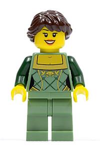 Female Minifigure - Female minifigure with long, dark brown hair in a ponytail and French braids, wearing a sand green corset with gold trim and matching legs - cty0444