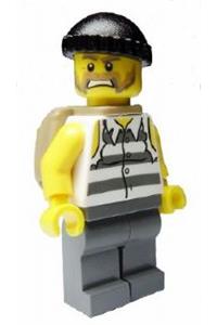 Jail Prisoner Minifigure - Jail prisoner with a shirt featuring prison stripes and torn out sleeves, dark bluish gray legs, black knit cap and backpack - cty0448