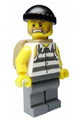 Jail prisoner with a shirt featuring prison stripes and torn out sleeves, dark bluish gray legs, black knit cap and backpack - cty0448