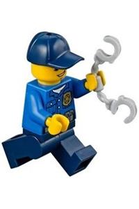 Police Officer Minifigure - City police officer with a gold badge, wearing a dark blue cap with a hole and a lopsided grin - cty0454