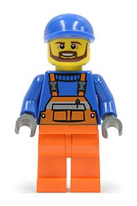 Worker in Orange Overalls - Minifigure wearing overalls with safety stripe orange, a blue short bill cap, brown beard, and orange legs - cty0459