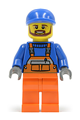 Minifigure wearing overalls with safety stripe orange, a blue short bill cap, brown beard, and orange legs - cty0459