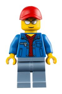 Male in Blue Jacket Minifigure - Minifigure with red cap with hole, silver sunglasses, blue jacket over dark red v-neck sweater, and sand blue legs - cty0461