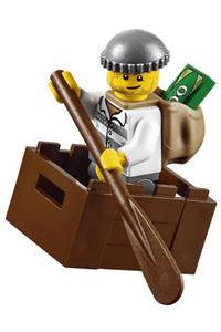 Jail Prisoner Minifigure - Prisoner 86753 in jail stripes with a dark bluish gray knit cap, backpack, crooked smile, and scar - cty0463